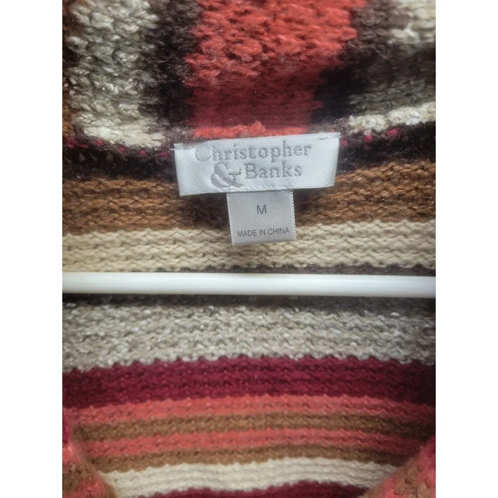 Christopher & Banks Striped Zip Up Cardigan Shawl Collar Brown Red Medium